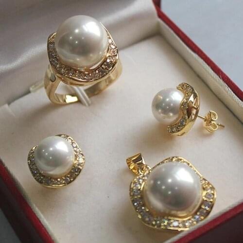 Fashion metal gilded micro inlaid White Diamond White Shell Pearl Pendant + Earrings + Ring Set