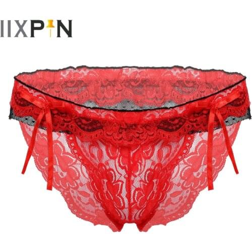Mens Bowknot Ruffles Sexy Bottom See Through Floral Lace Low Waist Briefs Underwear Erotic Lingerie Sissy Gay Underpants Panties