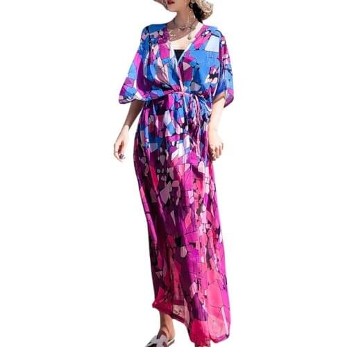 Womens Summer Chiffon Bikini Cover-Ups Open Front Maxi Dress Kimono Cardigan Colored Geometric Marble Textured Printed Cover Up