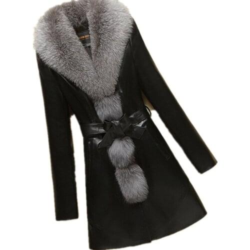 ZXRYXGS Women Winter Coat Women Coat Fashion Faux Fur Collar Slim Warm Was Thin High Quality Pu Leather Coat Mid-length Jacket