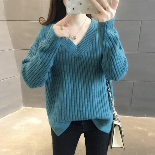 Autumn And Winter Sweaters tops Loose Slim Sweater pullover 2019 Casual solid Fashion Khaki Long Sleeve V-neck Women Clothing
