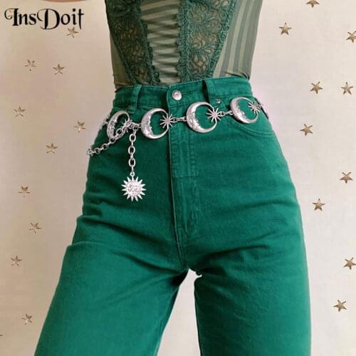 InsDoit Streetwear Gothic Waist Chain Belt Harajuku Moon Sun Pendants Silver Chain Belt Vintage Punk Rock Accessories Belt