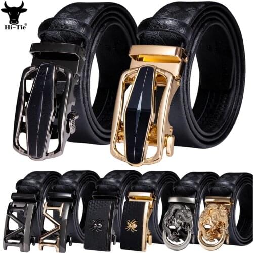 Hi-Tie 15 Pattern Similar Automatic Buckle Mens Belts for Men Black Leather Ratchet Waist Straps Dress Jeans Belt Brother Son