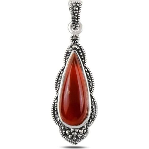 Silver 925 Sterling Red Agate & Marcasite Pendant