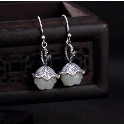 Silver S925 pure silver lotus lotus leaf natural Tian Tian jade lotus eardrop, retro character girl earnail ear jewelry
