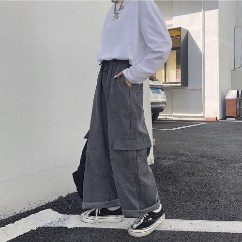 HOUZHOU Gray Vintage Corduroy Cargo Pants Autumn Korean Style Oversize Wide Leg Trousers Women Pockets Retro Casual Pants Female