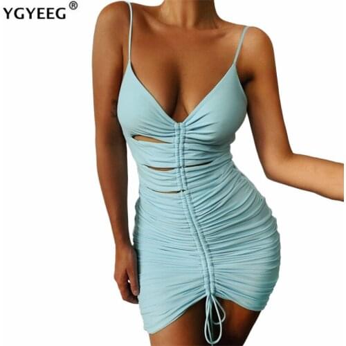 YGYEEG Sweater Dress Summer Women Sexy Sleeveless Backless Hollow Slim Elastic Drawstring Bodycon Bandage Pleated Party Clothes
