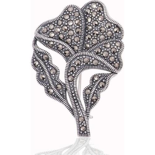 Tevuli 925 Sterling Silver Marcasite Cubic Zirconia Leaf Brooch