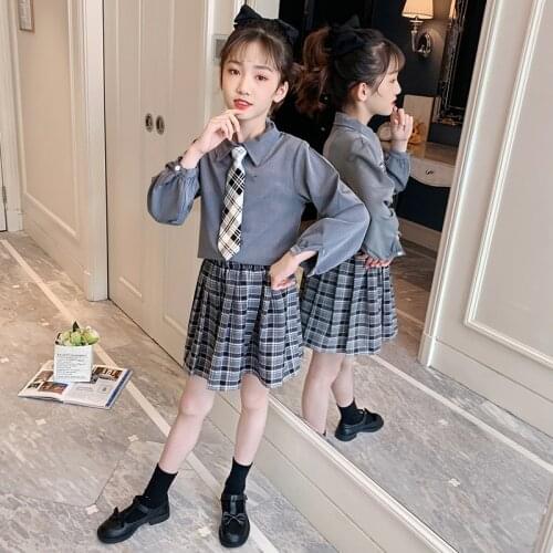 Spring Blazer Clothes For Girls 2pcs School Uniforms Suits Necktie Blouse Top+Plaid Skirt Childrens Suits 4 6 8 10 12 13 Years