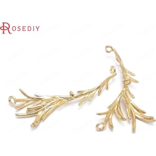 38887)6PCS 43x18MM 24K Champagne Gold Color Brass 2 Holes Branch Leaves Charms Pendants Jewelry Making Supplies Diy Accessories