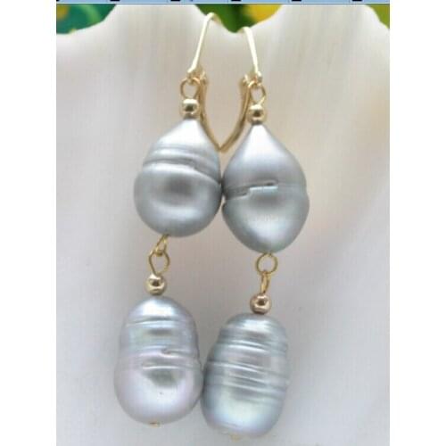WOW 2line 14mm drip gray freshwater pearl dangle earring