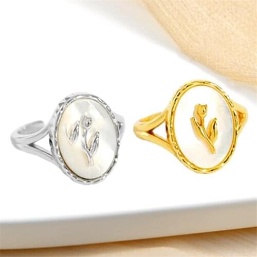 2021 New Arrival Korean Fashion Oval Shape Plant Flower Elegant Women Rings Shell Tibetan Silver Wide Surface Big Female Jewelry