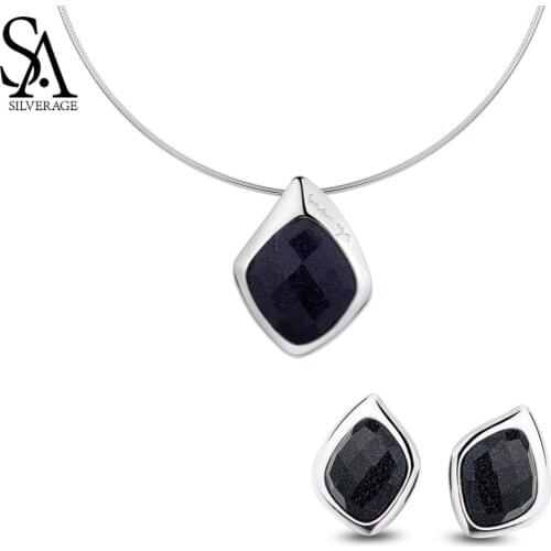 SA SILVERAGE 925 Sterling Silver Rhombus Shape Pendant Choker Stud Earring Wedding Rings Jewelry Set for Woman Black Color