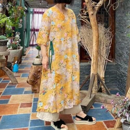 Johnature Ramie Print Women Vintage Thin Belt Dresses Chinese Style V-Neck Half Sleeve Loose 2021 Summer New Retro Dresses