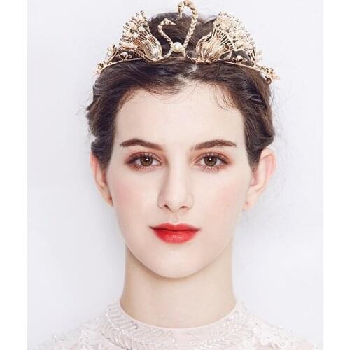 Gold Crown 1pc Bride Hairwear Bridal Hair Jewelry Swan Pearl Design Tiara Princess Crown Wedding Birthday Hair Accessories Crown