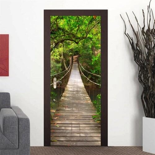 3D Door Sticker Forest Wall Mural Art Green Tree Drawbridge Wallpaper Poster DIY Self Adhesive Removable Home Decor Mural Decals