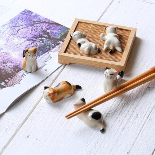 6pcs Japanese Style Ceramic Chopsticks Rest Lucky Cat Dinner Spoon Stand Knife Fork Holder Pillow Kitchen Tableware