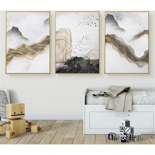 Abstract Chinese Ink Splash Canvas A4 Art Poster Print Wall Picture Painting Gold Black Mountain Vintage Retro Modern Room Decor