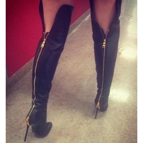 Free shipping slim fit black leather suede super high heels back zipper thigh high boots pointed toe women motorcycle boots