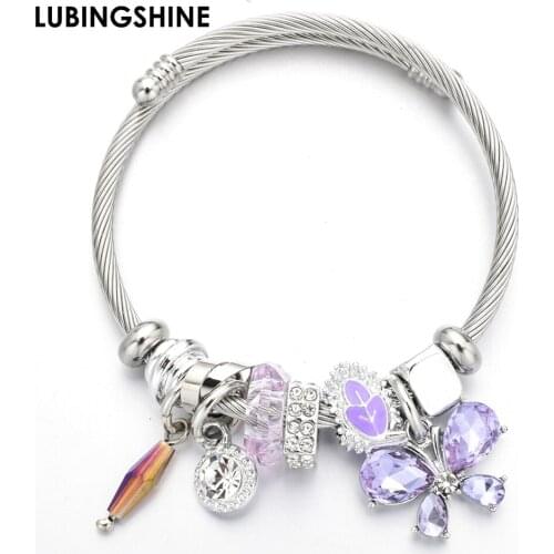Fashion Zircon Butterfly Charms Stainless Steel Bracelet Bangle Crystal Disco Ball Pendant Adjustable Bracelet Jewelry for Women