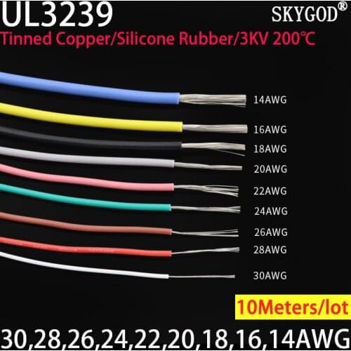 10 Meters UL3239 3KV Flexible Soft Silicone Wire 14/16/18/20/22/24/26/28/30AWG Insulated Tinned Copper Electrical Cable 3000V