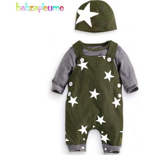 3Piece Set Spring Newborn Baby Boys Clothes Casual Star Cotton Stripe Long Sleeves T-shirt+Overalls+Hat Infant Clothing BC1415-1