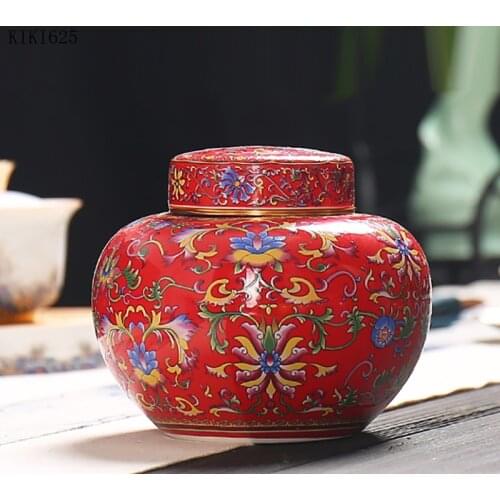 Creative Ceramic Tea Pot Red Pattern Decorative Pot Household Large Sealed Food Candy Coffee Bean Storage Box Kitchen Container