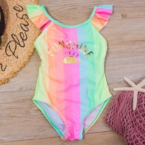 Letter Print Toddler Girl Swimsuit Kids Rainbow Striped One Piece Swimwear Ruffle Girl Bathing Suit Swimming Monokini Beachwear