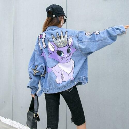 2020 New Autumn Long Sleeve Oversized Jeans Jackets Sequins Beading Cartoon Print denim coat streetwear Harajuku basic jacket