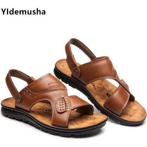 YIdemusha 2019 Summer Men Sandals British Fashion Genuine Leather Beach Shoes Mens Casual Massage Non-Slip Large Slippers Flats