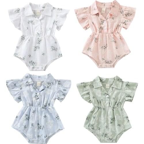 0-24Months Summer Baby Girls Clothes Casual Romper Leaves and Floral Printed Pattern Short Sleeve Turn-down Collar Jumpsuits