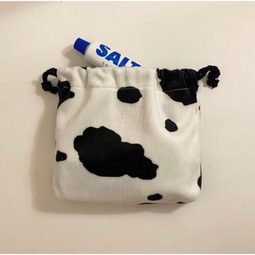 Cute Coin Purse Cow Pattern Drawstring Pocket Short Plush Makeup Storage Portable Stationery Bag Pencil Case