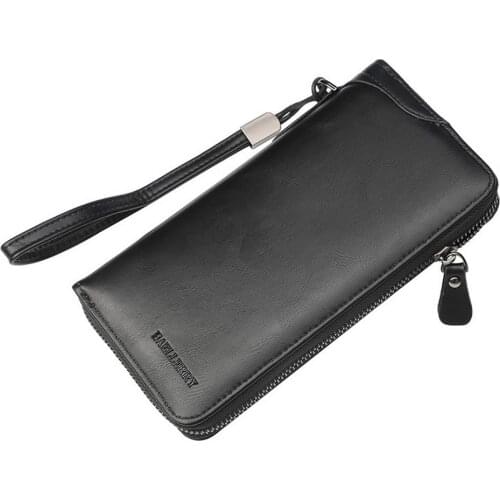 PU Leather Wallet for Men Cash Credit Card Holder Zipper Long Purse with Strap Best Sale-WT