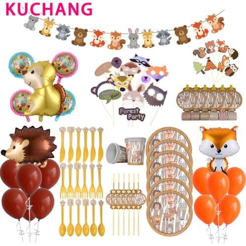Forest Animal Jungle Theme Party Favors Decor With Raccoon Fox Hedgehog Balloon Disposable Tableware Set Birthday Party Supplies