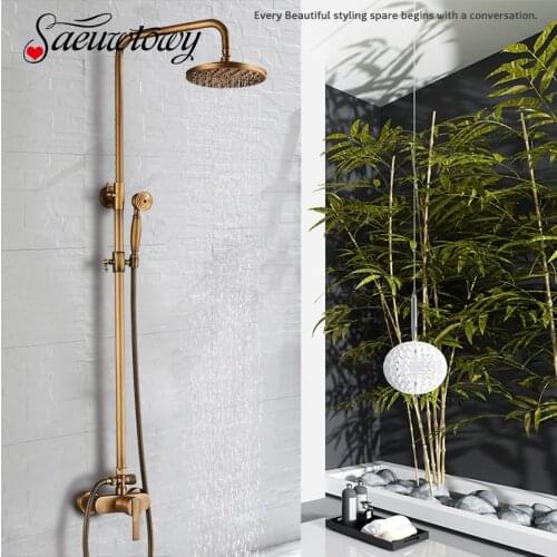 Antique Brass Style Shower Faucet Set Single Handle with Handheld Shower Mixer Taps Wall Mount Bathroom Bath Faucet With Shelves