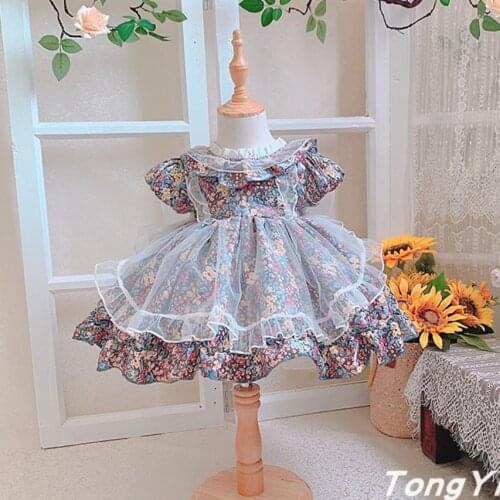 Summer New Spanish Girls Princess Ball Gown Bow Print Mesh Stitching Birthday Party Easter Girl Lolita Dress A278