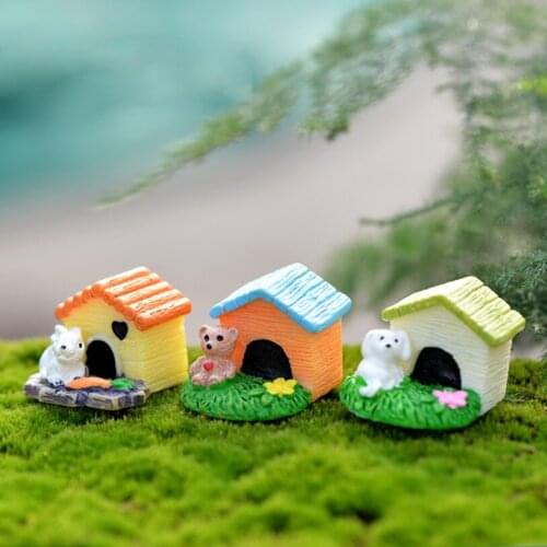 Resin Dog Bear Animal Mini House Home Building Micro Fairy Garden Figurines Miniatures/Terrarium Dollhouse Decor Ornaments DIY