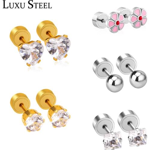 LUXUSTEEL Cute Style Pink Flower Plus Stud CZ Earring Fashion Jewelry Brinco Party Girl Stainless Steel Anti-allergy Earrings