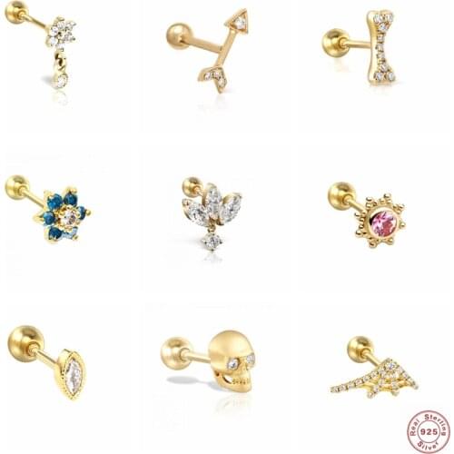 925 Sterling Silver Stud Earrings Oval Bling Zircon Cartilage Ear Bone Earlobe Buckle For Women Skull Small Piercing Pendientes