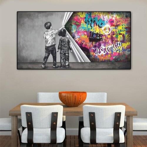 Modern Graffiti Street Art Kids Uncovering Curtain Oil on Canvas Painting Posters and Prints Wall Art Picture for Living Room