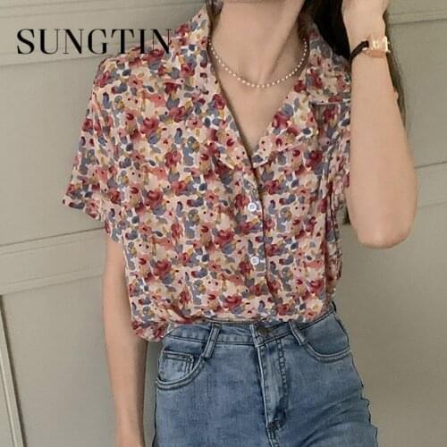 Sungtin Vintage Chiffon Print Loose Blouse Shirt Women Soft Floral Beach Style Shirts Casual Korean Fashion Thin Shirt BF Summer