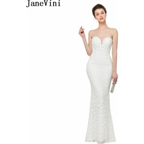 JaneVini Sparkled Gorgeous Sequined Long Bridesmaid Dresses Sweetheart White Prom Dress Mermaid Formal Party Gowns Sweep Train