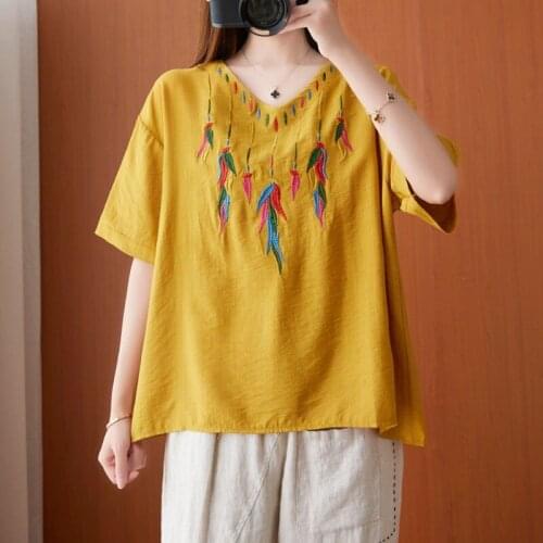 Women Summer Cotton Linen Casual T-shirts New Arrival 2021 Vintage Style V-neck Floral Embroidery Loose Female Tops Tees B339