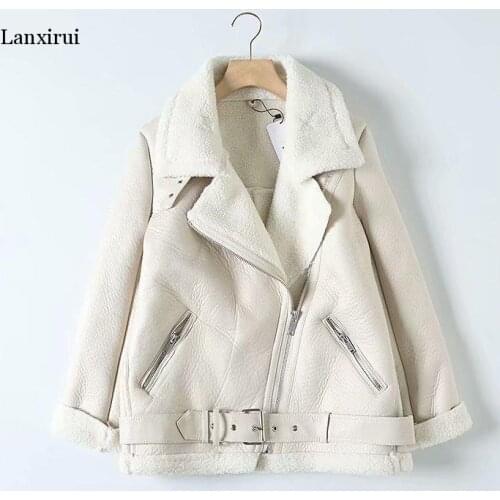 Fur Long Sleeved Loose Belt Warm Womens Jacket Lamb Wool Winter Thickened Locomotive Lapel Female Coat Beige Black Chic PU Top