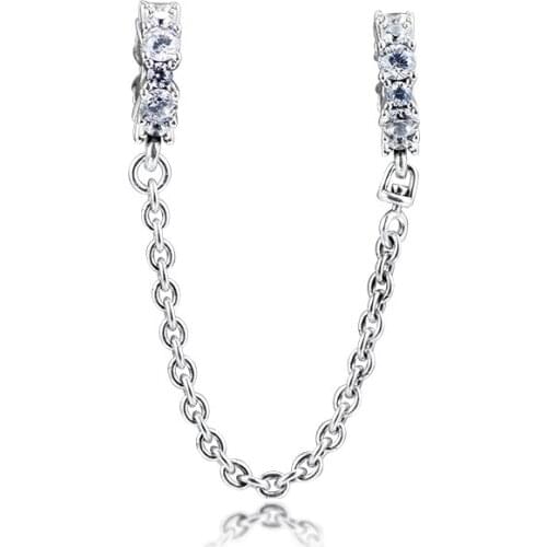 Woman 925 Silver Beads For Jewelry Making Clear Sparking Safety Chain Fit European Bracelets & Bangle Sterling Silver Jewelry