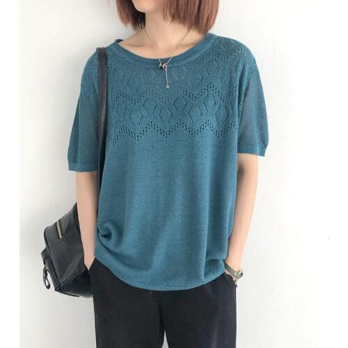 Ice Silk Short Sleeve Sweater Womens Thin Summer 2021 Loose O Neck Hollow Linen Blouse Casual Wild Pullover Shirt Knit Top M105