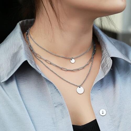 Women Girls Multi Layered Choker Necklace Stainless Steel Rolo Box Link Chain Name Engraving Coin Medallion Charm Jewelry DDN268