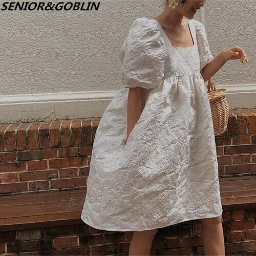 Summer New Arrive 2020 High Quality Runway White Dress Women Autumn Big Puff Sleeve Loose Vintage Square Collar Dress Vestidos