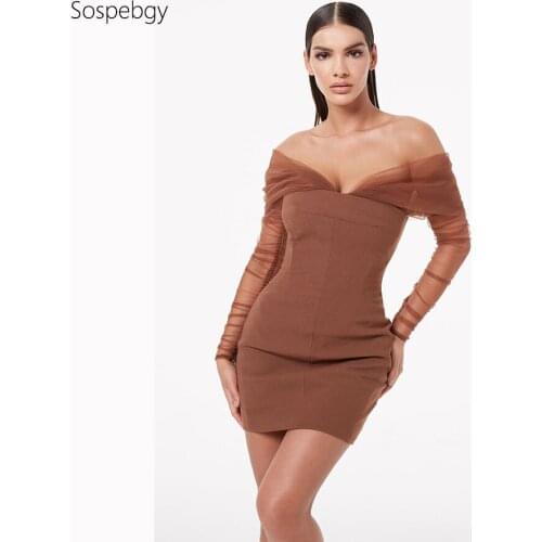 2020 Fashion Retro Womens Dress Net Gauze Long Sleeves Drop Shoulder V-neck Sexy Bag Hip Mini Party Club Dresses