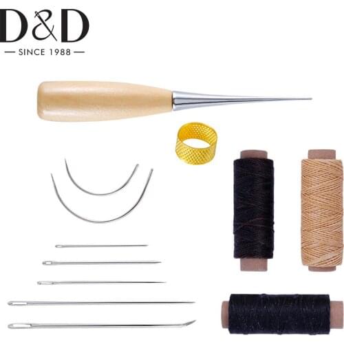 12pcs/Set Sewing Tools for Leather DIY Hand Sewing Stitching Sewing Needle Handle Awl Large-Eye Needles Leather Craft Hand Tools